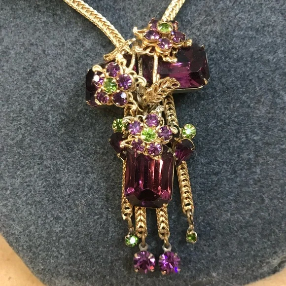 Rare Vintage Alice CAVINESS Purple Art Glass Rhinestone Tassel Designer Set - Picture 2 of 16